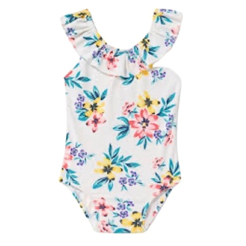 ❤️ OLD NAVY Printed Ruffle-Neck Bow-Back Swimsuit Floral Ruffle 5T